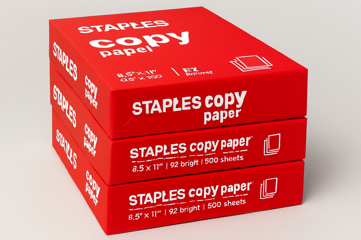 Staples 8.5" x 11" Copy Paper, 20 lbs., 92 Brightness, 500 Sheets/Ream, 3 Reams/Carton